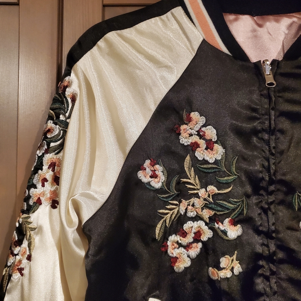 Reversible Oriental Embroidered Satin Bomber Jacket